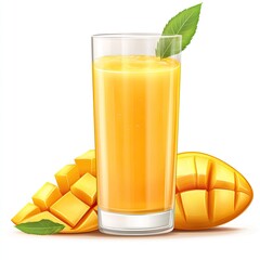 A glass of mango smoothie with visible texture, isolated on a white background, highlighting a tropical drink ,mango juice with mango slice isolated on white background