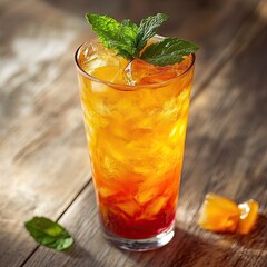 Refreshing, layered iced drink with mint garnish