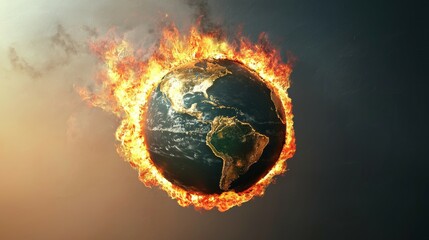 Fototapeta premium Digital illustration of a realistic Earth surrounded by dynamic flames against a smooth gradient background showcasing land, water and fiery energy in warm orange and cool blue tones