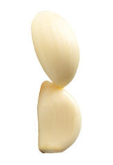 Side view of peeled garlic cloves or pieces in stack isolated in png file format