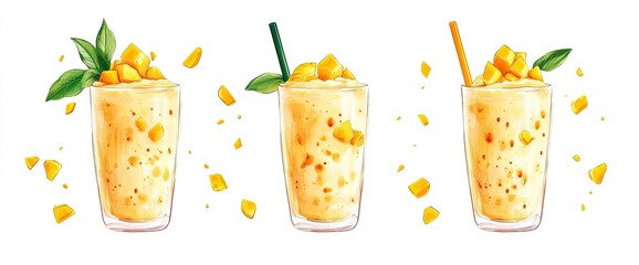 Iced drink with mint and citrus fruit , three  glass of ice water ,Glass of fruit drink with ice cubes isolated on white background 
