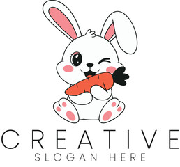 Adorable White Bunny Rabbit Holding Carrot Cute Cartoon Illustration fun wink logo icon kids baby   