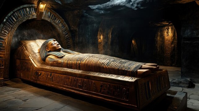 Ancient Egyptian mummy resting in golden sarcophagus, dark crypt