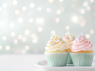 Delicious cupcakes with colorful frosting and sprinkles are displayed on tray against soft, blurred background. These treats evoke sense of joy and celebration