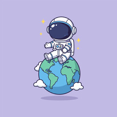Cute Astronaut Sitting on Planet Earth Cartoon