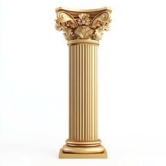 Luxury Golden Classical Column with Fluted Shaft and Ornate Capital, Elegant Architectural Pedestal in a Minimalist White Background, Realistic Render Highlighting Smooth Polished