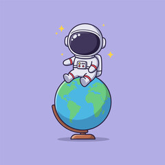Adorable Astronaut Sitting on Globe Cartoon