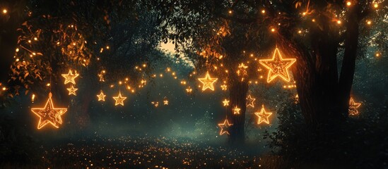 Naklejka premium Enchanting Forest Pathway with Star Lights