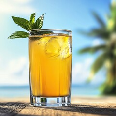  glass of lemon iced tea on wooden table ,Classic Mojito cocktail on background with blue sea and sky tropical background ,Refreshing cocktail near outdoor swimming pool on sunny day