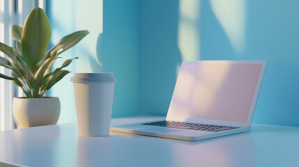 Fototapeta premium A white laptop sits on a table next to a cup of coffee