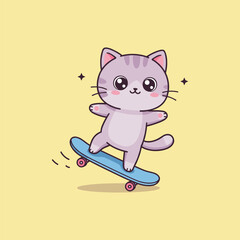 Cute Cat Skateboarding Cartoon Illustration