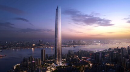 Obraz premium Modern skyscraper against twilight cityscape. Elevated view of a tall, slender structure, surrounded by urban development. Vibrant city lights