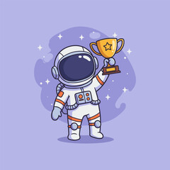Happy Astronaut Holding Trophy Cartoon Illustration