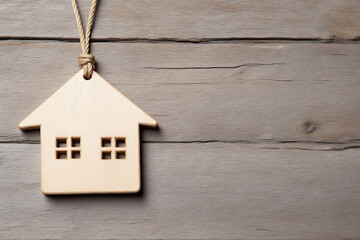 wooden house hanging on a string on a wooden wall