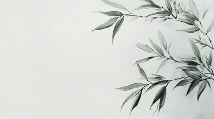Naklejka premium Stylized monochrome bamboo foliage with elongated leaves and branches on textured off-white background, soft diffused lighting creates tranquil minimalist artwork, contemporary