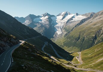 雄大な山岳道路 輝く氷河 爽快な景色