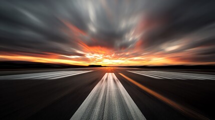 A dramatic sunset view over an empty runway, showcasing vibrant colors in the sky.