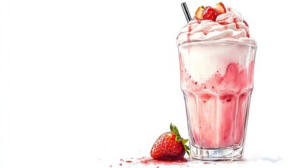Milkshake with raspberry and cream isolated,Tasty Strawberry smoothie on white background
