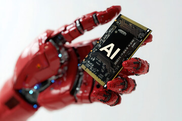 A red robotic hand cradling a black AI chip with the letters "AI" against a plain white background symbolizing technology and innovation