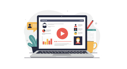 Laptop Display Showing Video Play Button And Data Charts