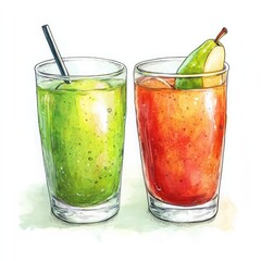 the refreshing apple juice cocktail is beautifully depicted in this realistic watercolor  , showcasing the vibrant colors and delicate textures of the drink, complete with ice cubes, garnish