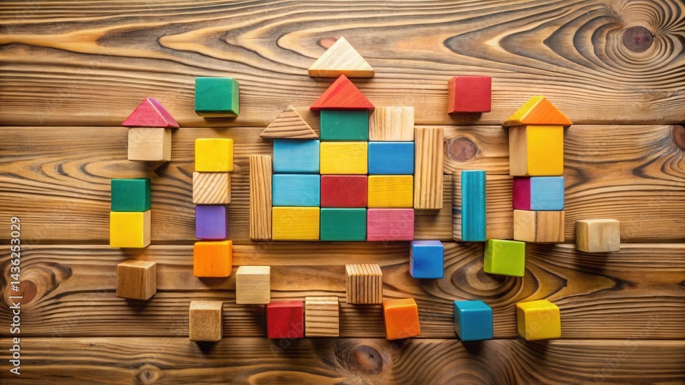 Poster colorful wooden blocks arranged on wooden surface creating a playful house structure