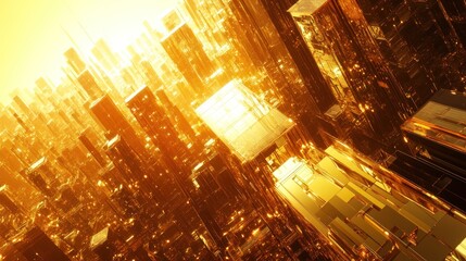 Obraz premium Golden city skyline. Perspective view of a futuristic, golden metropolis