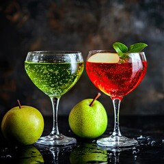 the refreshing apple juice cocktail is beautifully depicted in this realistic watercolor  , showcasing the vibrant colors and delicate textures of the drink, complete with ice cubes, garnish
