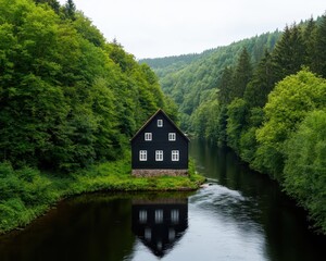 Obraz premium A medieval watermill standing beside a rushing river in the European countryside, surrounded by towering trees