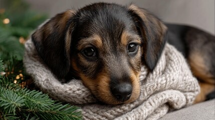Adorable Dachshund Puppy Wrapped in Cozy Knit Sweater for Christmas