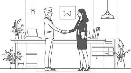 A man shakes hands with a woman in a business setting