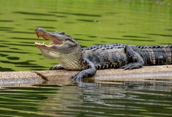 American alligator with it's mouth wide open showing dangerous teeth