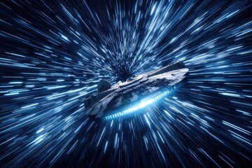 Obraz premium A futuristic spacecraft moving at warp speed through a cosmos of light streaks.