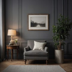"classic style grey living room with upholstered armchair, vintage wooden drawer chest, blank white frame on matte grey wall for mockup, warm lighting, soft shadows, elegant interior style, photoreali