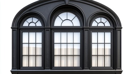 Obraz premium Elegant black arched window with three panes, classic design, isolated on white.