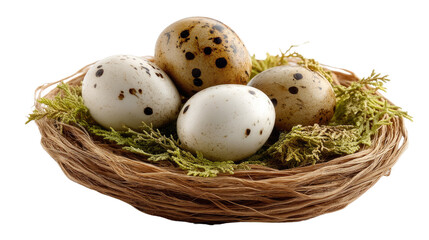 Nature's Gentle Cradle: A close-up studio shot showcases a delicate bird's nest, cradling four speckled eggs, symbolizing new beginnings and the wonder of nature.