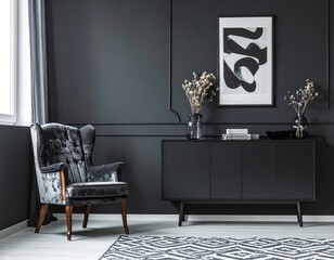 Stylish interior corner with vintage chair graphic details and artistic console styling in