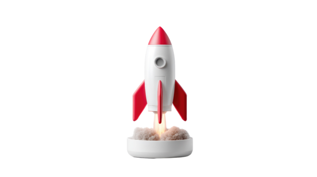 Soaring Ambition: A sleek rocket ship, poised for launch, ascends gracefully against an ethereal backdrop, symbolizing ambition and boundless potential.
