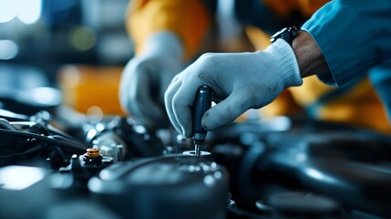Mechanic repairing vehicle engine, skilled technician wearing gloves, focused on precision work, industrial workshop ambiance.