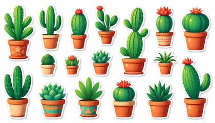 A delightful assortment of cartoon cacti and succulents in terracotta pots, perfect for design.