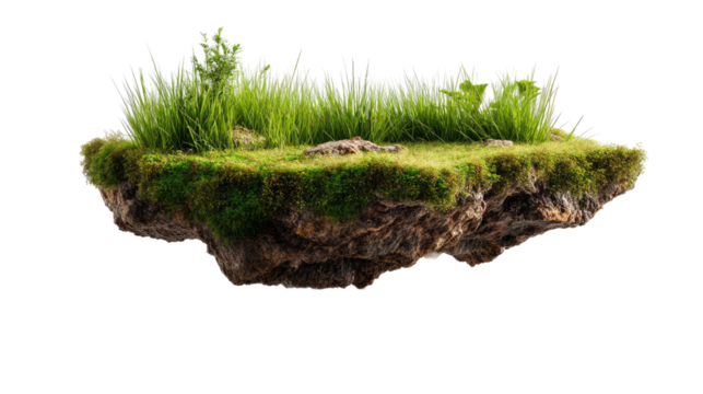 Floating Island: A vibrant patch of earth, teeming with lush green grass, plants, and intricate details, floats serenely, presenting a captivating view of a unique ecosystem. 