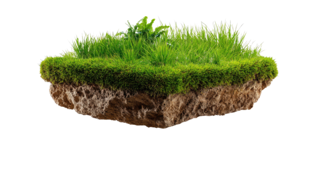 Island of Life: A small patch of fertile ground blooms with vibrant green grass and plant life, floating weightlessly in a dreamy, surreal landscape.