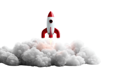 Rocket Ascent: A vibrant, modern rocket ship blasts off, billowing clouds of smoke against the sky, symbolizing innovation, progress, and the thrill of embarking on a new journey.
