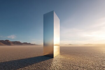 Metallic monolith structure stands tall in a sun-drenched desert landscape.
