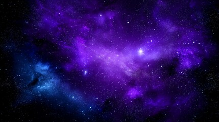 A stunning view of the cosmos showcases vibrant purple nebulae and sparkling stars.