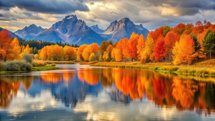 Fototapeta premium Autumnal Serenity A Picturesque River Reflecting Vibrant Fall Foliage Against a Majestic Mountain Range