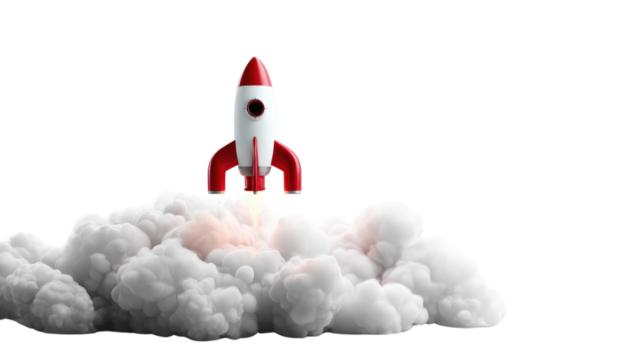 Rocket Ascent: A vibrant, modern rocket ship blasts off, billowing clouds of smoke against the sky, symbolizing innovation, progress, and the thrill of embarking on a new journey.