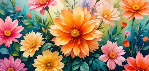 Watercolor Garden: A Burst of Colorful Daisies and Foliage