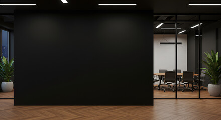 Modern black wall mockup in office with wooden floor and meeting room visible through glass wall on right side under ceiling lights at night,professional, indoor, architecture, ai, generative, illustr