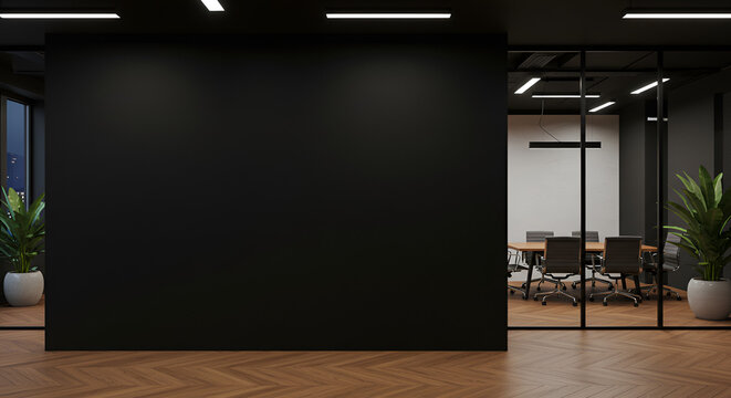 Modern black wall mockup in office with wooden floor and meeting room visible through glass wall on right side under ceiling lights at night,professional, indoor, architecture, ai, generative, illustr